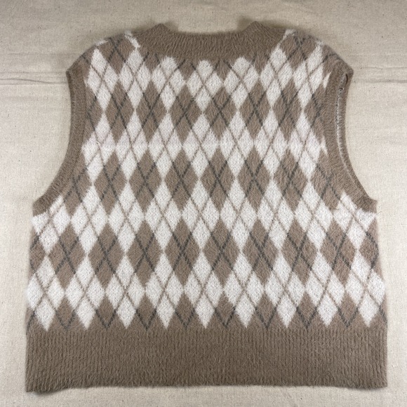 William Rast Argyle Sweater Vest Women's Size Large Beige Brown Layering Soft - Picture 8 of 8